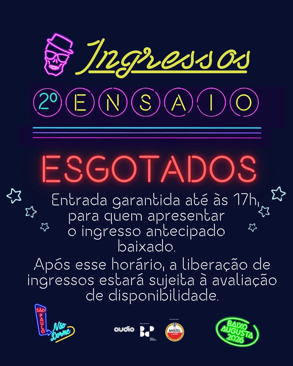 bloco_augusta's tweet image. 🚨INGRESSOS ESGOTADOS‼️

Domingo (18/01) será nosso 2º Ensaio 🎉 para o Grande Desfile do dia 8 de fevereiro ✊🏽

👉🏼 Entrada garantida até as 17h com apresentação dos ingressos baixados.

‼️ Após esse horário, a liberação de ingressos estará sujeita à avaliação de disponibilidade.
