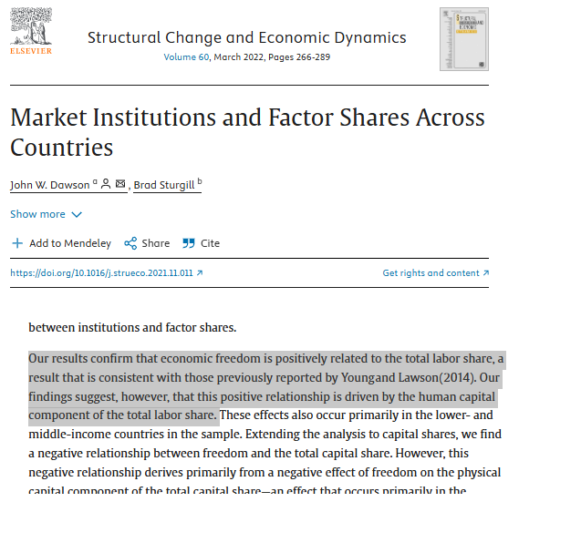 VincentGeloso's tweet photo. One prediction of Marxist theory (which some have tried to pretend isnt) is that capitalist economies should have a lower "Labor share" of total income. Problem is that capitalist economies (if you use economic freedom) have higher shares of labor income.