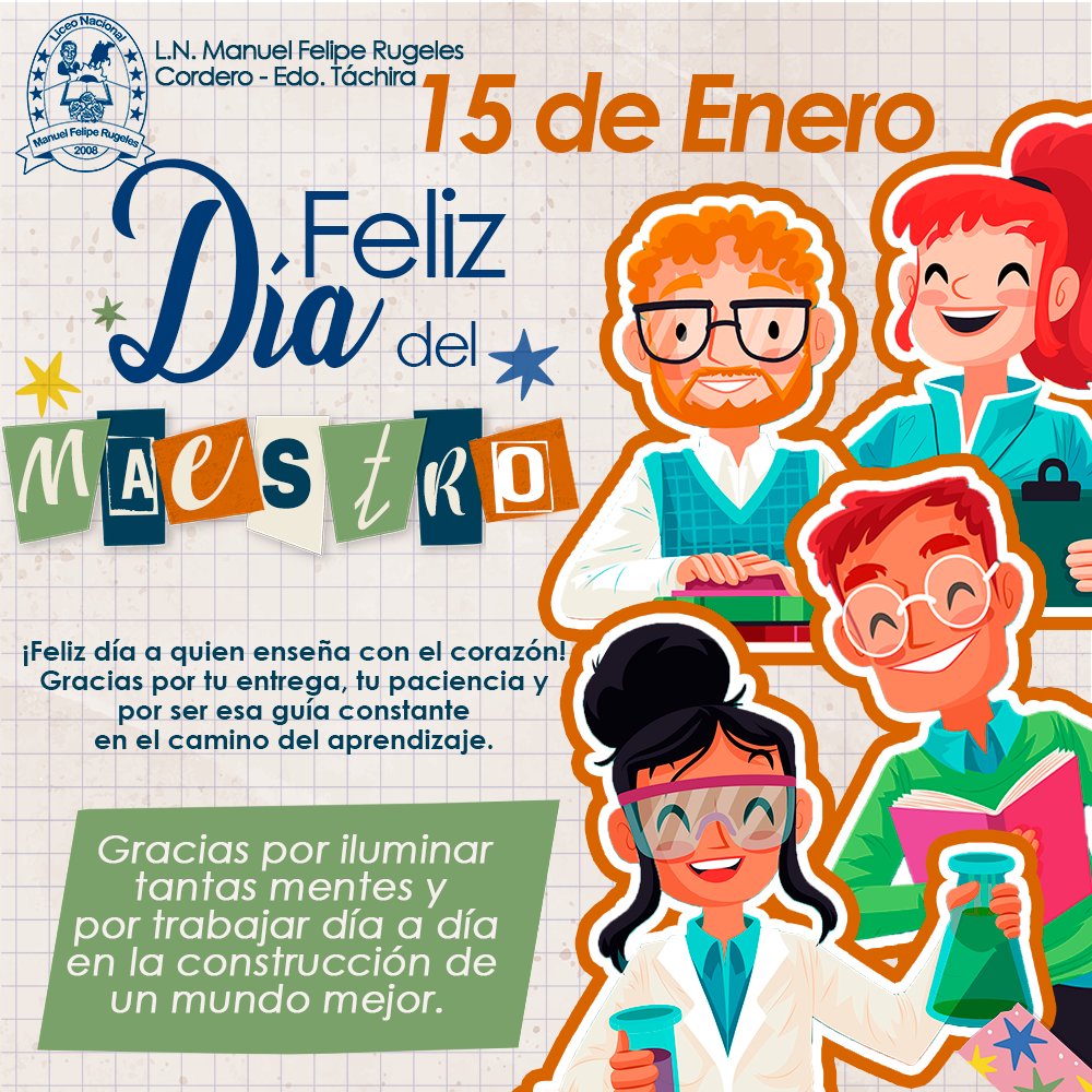 #Venezuela🇻🇪
#Tachira🖤💛🖤
#McpioAndresBello
#15deenerodíadelmaestro
Hoy  15 de enero  celebramos a  quienes hacen del aprendizaje una experiencia inolvidable. “Gracias por enseñarnos a soñar y a creer en nosotros mismos. ¡Feliz Día del Maestro y Maestra! 🍎🍎
<a href="/HectoRodriguez/">Héctor Rodríguez C.</a>