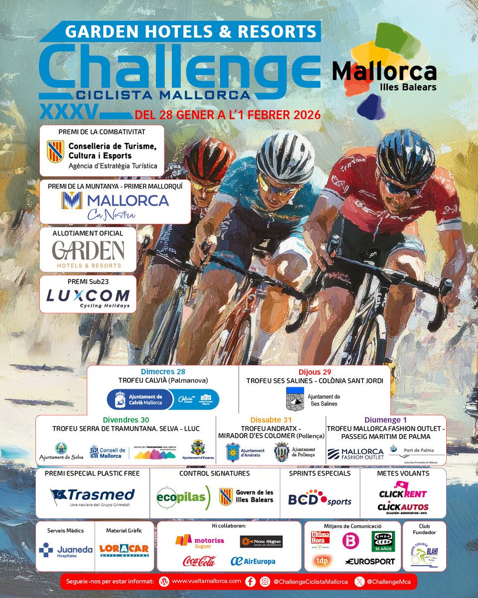 🚴🏼XXXV <a href="/ChallengeMca/">ChallengeMallorca</a> ♂️ 2026
🌐 1.1
🗓️ Urtarrilaren 28tik otsailaren 1era / 28 de enero al 1 de febrero
📒 Gida Liburua / Libro de Ruta /Roadbook
Nota: CRE 24 km Trofeu Ses Salines
#ChallengeMallorca
🔗📥 Behera deskarga zuzena / Enlace descarga directa:
vueltamallorca.com/descargas/CATA…