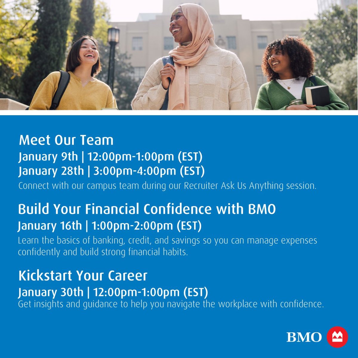 NandlallR's tweet photo. BMO’s Campus Virtual workshops will help you build impactful resumes, sharpen interview skills, enhance personal branding, gain financial confidence, connect with recruiters, and so much more.

Take the first step toward your future and register today: https://t.co/IYTPMlVEEv https://t.co/oJwSOl09zw