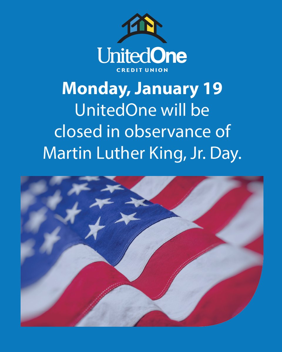 UnitedOneCU's tweet image. Please note our offices we will be closed Monday, Jan. 19, in observance of Martin Luther King, Jr. Day.

A reminder, you have 24/7 access to your accounts using Digital Banking or by utilizing the ATM feature with a debit card at our Personal Teller Machines.