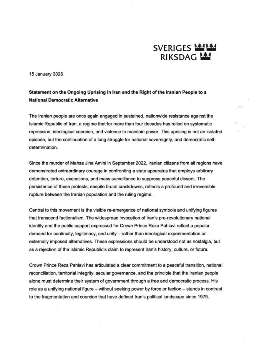 PahlaviComms's tweet image. ۱۲ نماینده پارلمان سوئد به طور مشترک حمایت خود را از انقلاب ملی ایران و شاهزاده رضا پهلوی ابراز کردند.⁩
