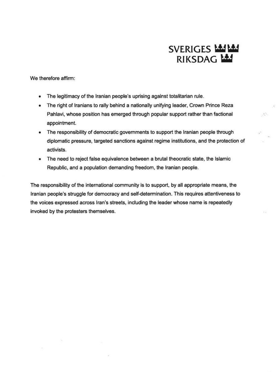 PahlaviComms's tweet image. ۱۲ نماینده پارلمان سوئد به طور مشترک حمایت خود را از انقلاب ملی ایران و شاهزاده رضا پهلوی ابراز کردند.⁩