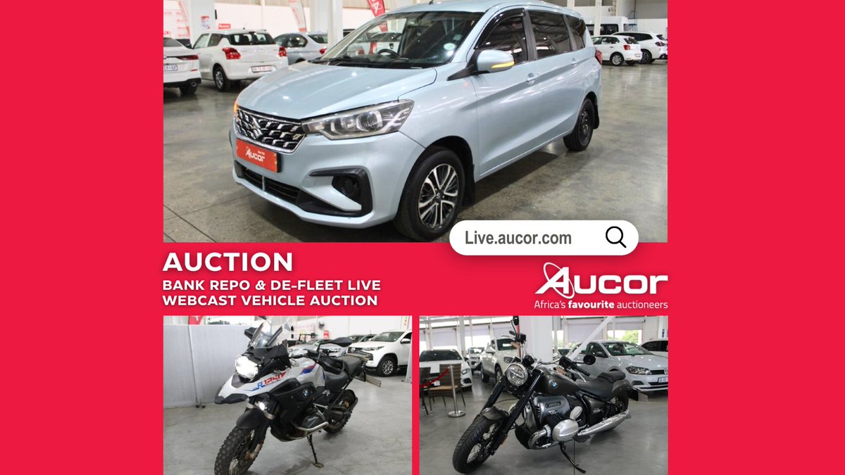 Drive your dream car! Join Aucor for a Bank Repo &amp; De-Fleet Live Webcast Vehicle Auction. Bid on Mon 19 January 2026 at 10:00. Click below to view our catalogue. T&amp;Cs Apply. bit.ly/4q8cQw4