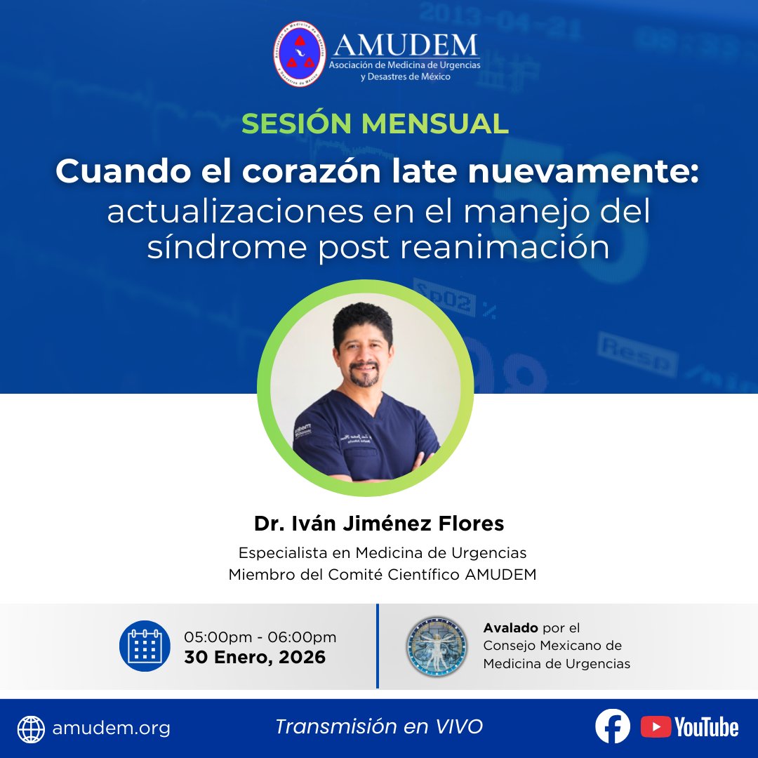 amudem's tweet photo. 🫀🚑 Sesión Mensual AMUDEM

Cuando cada segundo cuenta, la actualización salva vidas.

📍 Transmisión en vivo: https://t.co/9ArJhqnlRD

🔵 Avalada por CMMU
#AMUDEM #MedicinaDeUrgencias #PostReanimación #EducaciónContinua #Emergencias #Urgencias https://t.co/8ys6q967ZN
