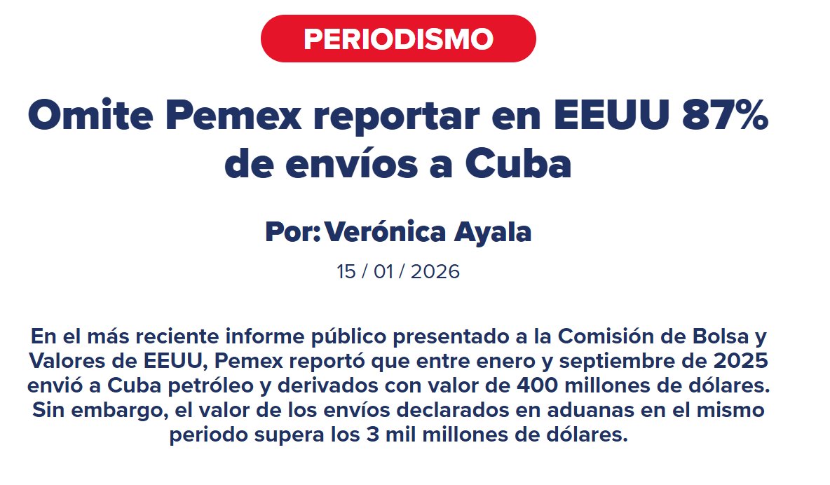 🚨 Pemex envía a Cuba mucho más petróleo del que reporta

Ante autoridades de EU 🇺🇸 declaró solo 400 mdd, pero en aduanas aparecen más de 3 mil mdd

Petróleo para la dictadura... opacidad y engaño para los mexicanos⛽

[📷 <a href="/MXvsCORRUPCION/">Mexicanos Contra la Corrupción</a>]