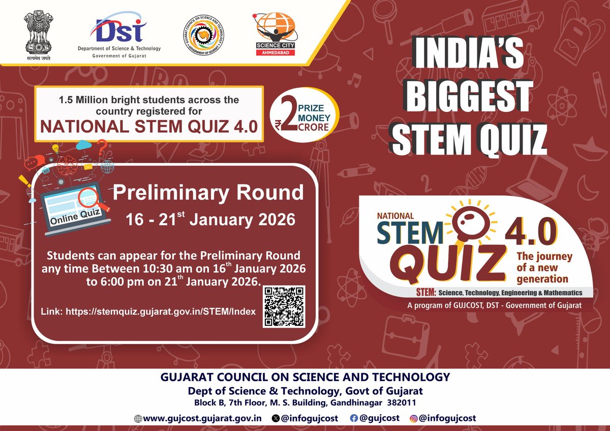🚀 India’s BIGGEST #STEMQuiz is here!
1.5 million+ students already registered for #NationalSTEMQuiz4.0 
🖥️ Online Preliminary Round | 
🗓️ 16–21 Jan 2026
⏱️ Anytime between 10:30 AM to 6:00 PM
💰 Prize Money: ₹2 Crore