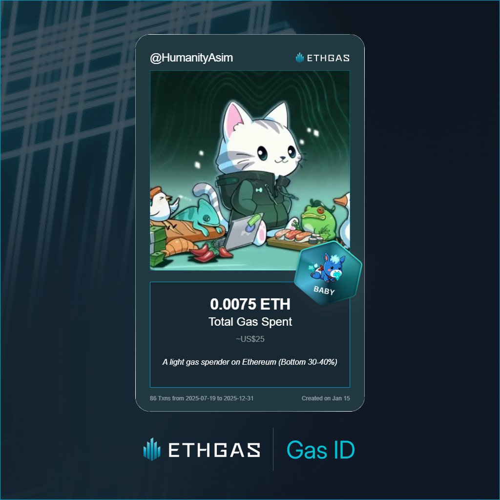 Discovered my Gas ID via ETHGas - turning my gas spend into rewards 🫘

As a Baby Jack, I've spent 0.0075 ETH on gas but earned 2 Beans back.

Get your Gas ID and Beans here: ethgas.com/community/gas-…