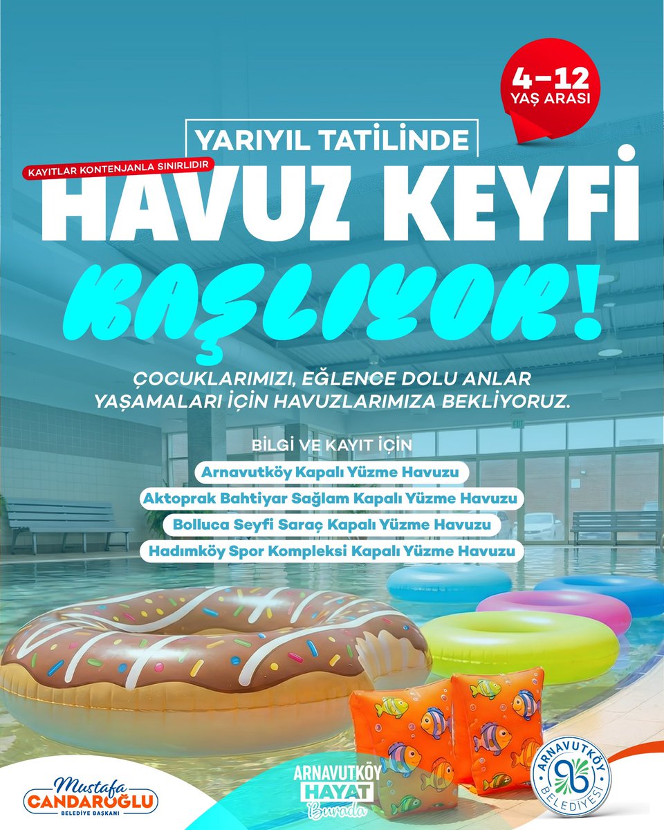 ArnavutkoyBel's tweet photo. 🌊Yarıyıl tatilinde çocuklarımızı havuzlarımıza bekliyoruz!  🏊🏻‍♀️🏊🏻‍♂️
4–12 yaş arası miniklerimiz için eğlenceli, güvenli ve keyifli bir tatil programı hazır.

📌 Bilgi ve kayıt için:
• Arnavutköy Kapalı Yüzme Havuzu
• Aktoprak Bahtiyar Sağlam Kapalı Yüzme Havuzu https://t.co/TOgKArvNS5
