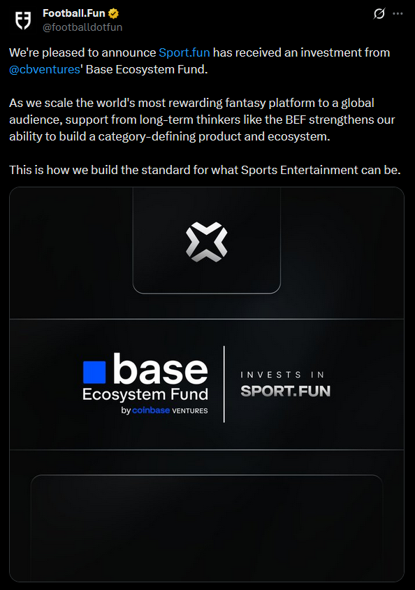 scalpsxbt's tweet photo. Writeup on the new $FUN TGE (@sportfun), and why it's undervalued here at 6M circ mcap:

It's a skill based sports prediction platform; $FUN is the ecosystem token for https://t.co/xX0UtB4tWX meant to connect all current and future sports titles and act as the shared currency for the platform

Live on Base for ~4 months:
$10M+ revenue.
$30M+ deposits.
$105M+ total volume.
20K+ paying users.
60% user retention.

Mentioned an active flywheel in their docs: At launch, 40% of revenue is distributed towards $FUN token buybacks.
https://t.co/FDRAvOWqPa

Received Coinbase Ventures investment after they were #1 consumer app on Base in Q3.
(Also raised $2M by 6th Man Ventures and others + raised $3M in the public sale).

20% circ supply, but around half of that is treasury. So effectively only ~10% of total supply is circulating (5% of that is an airdrop + 3.5% public sale).

Price getting some pressure here due to airdrop being distributed within the first hour after TGE, but RR looks good at this level (6M circ mcap without including the treasury), considering the ICO price was at 60M FDV and they raised $5M in total by VCs/ICOs + another undisclosed investment by Coinbase Ventures.

Once they formally announce buybacks with 40% of their revenue, should be a nice catalyst to look forward to + expect Base to strongly push their #1 consumer app, especially with the team shifting to trading again instead of pushing creators.