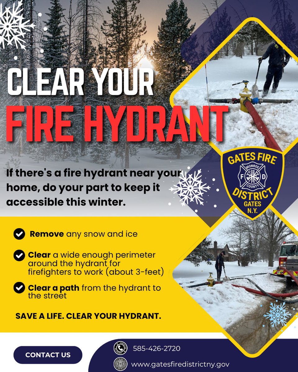 GatesfdPio's tweet photo. 🚨REMINDER: CLEAR YOUR FIRE HYDRANTS!🚨
#GatesFD https://t.co/J6MS59K6SM