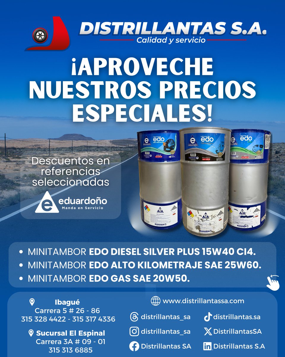 DistrillantasSA's tweet photo. ¡PRECIOS ESPECIALES EN LUBRICANTES! 🚨🔥

Renueve su motor con la línea Eduardoño en promoción. Referencias seleccionadas disponibles en Distrillantas S.A. 🛠️

¡Visítenos hoy mismo!

#ofertas #mantenimiento #eduardoño #rendimiento #distrillantas https://t.co/SGqArHGoTx