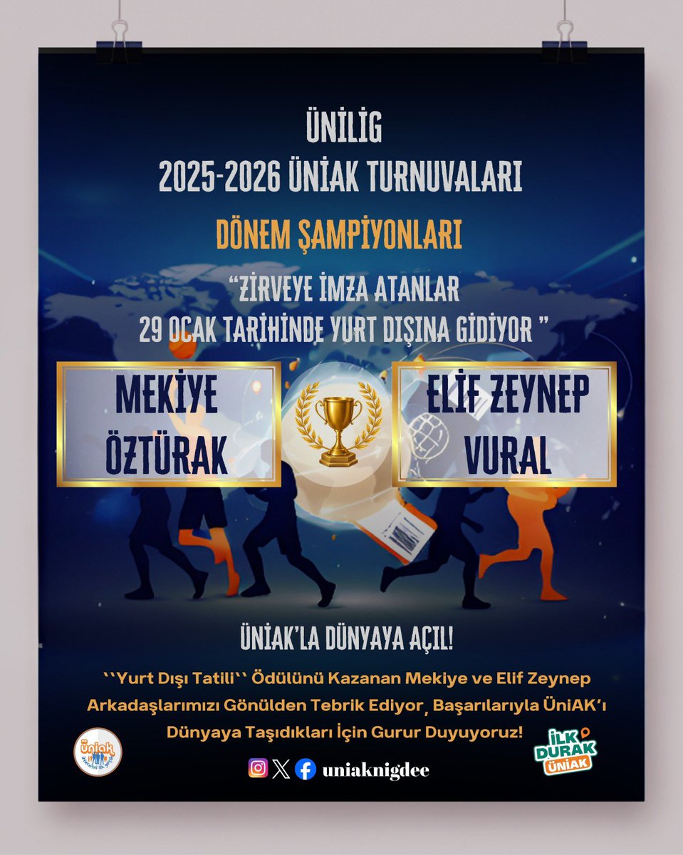 🏆 2025–2026 ÜNİAK ÜNİLİG Dönem Şampiyonları 🏆

ÜNİAK Niğde ÜNİLİG turnuvalarında zirveye çıkan isimler:
🥇 Mekiye Öztürak
🥇 Elif Zeynep Vural

Disiplin, inanç ve mücadeleyle gelen bu başarı tesadüf değil.

Şampiyonlarımız 29 Ocak’ta yurt dışına gidiyor. ✈️