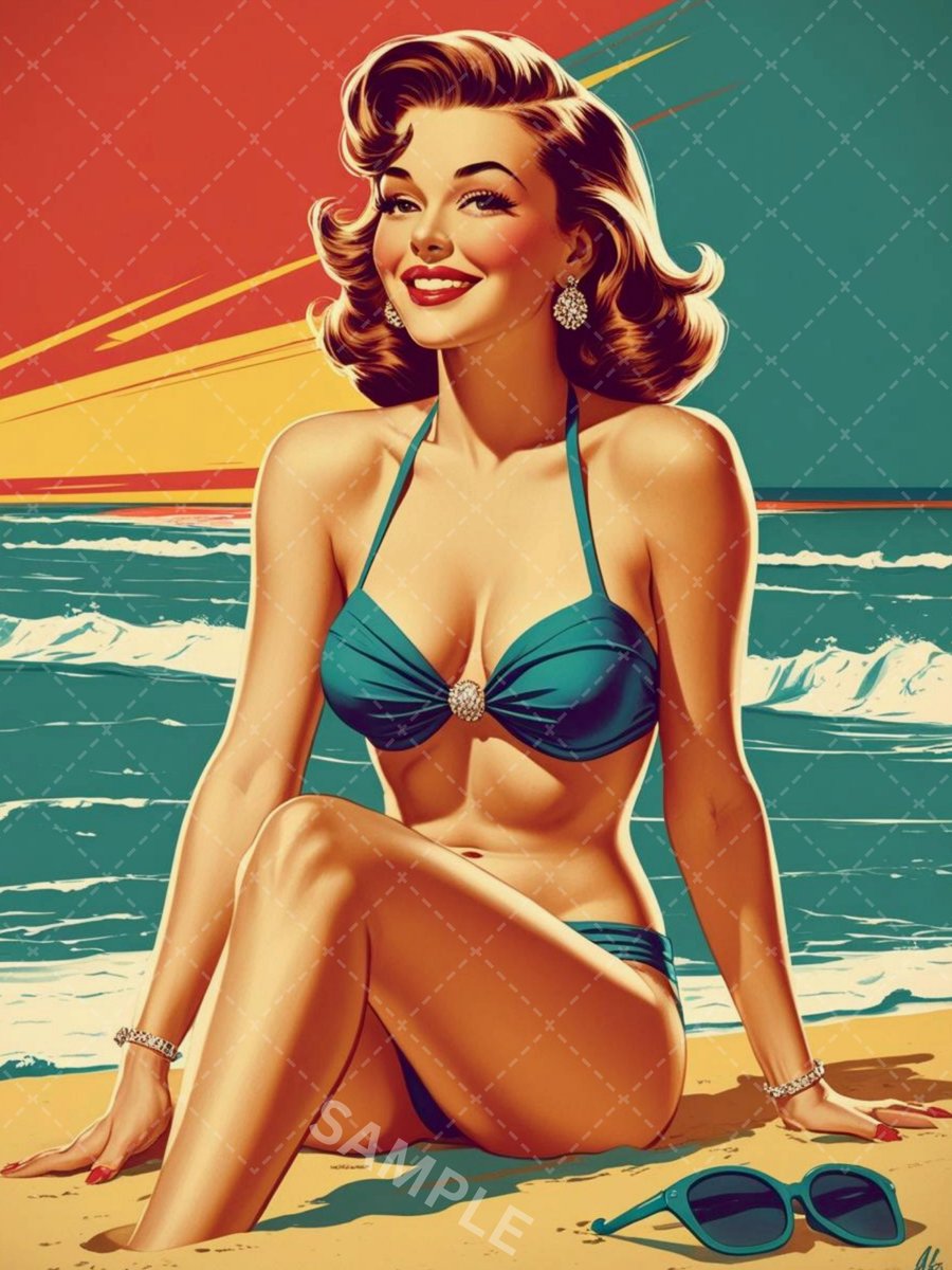MagicBySophie's tweet photo. Vintage Pin Up Beach Art Print – Retro Bikini Woman Poster, Classic 1950s Style 
https://t.co/WdkkjpZkXb 

#vintageglamour #VintageBeauties #posters #digitalart  #artprints https://t.co/3UKjPWxEb9