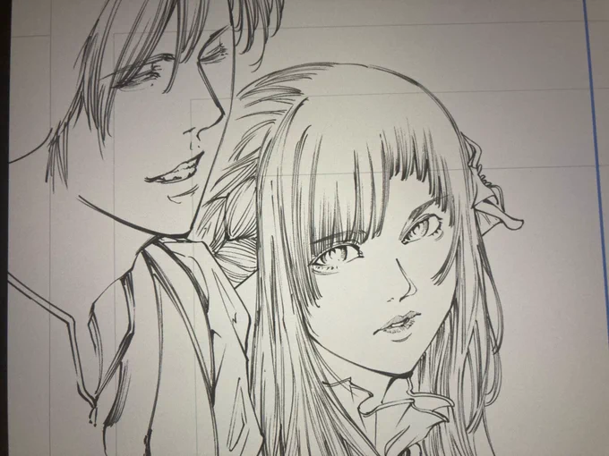 進捗:ラフからしっかり下書きして何度か書き直した線画をなんかやっぱ違うなと思って、ラフから直接線画に書き起こした絵の方がよく描けてて、なぜ俺はあんな無駄な時間を…ってなってる 