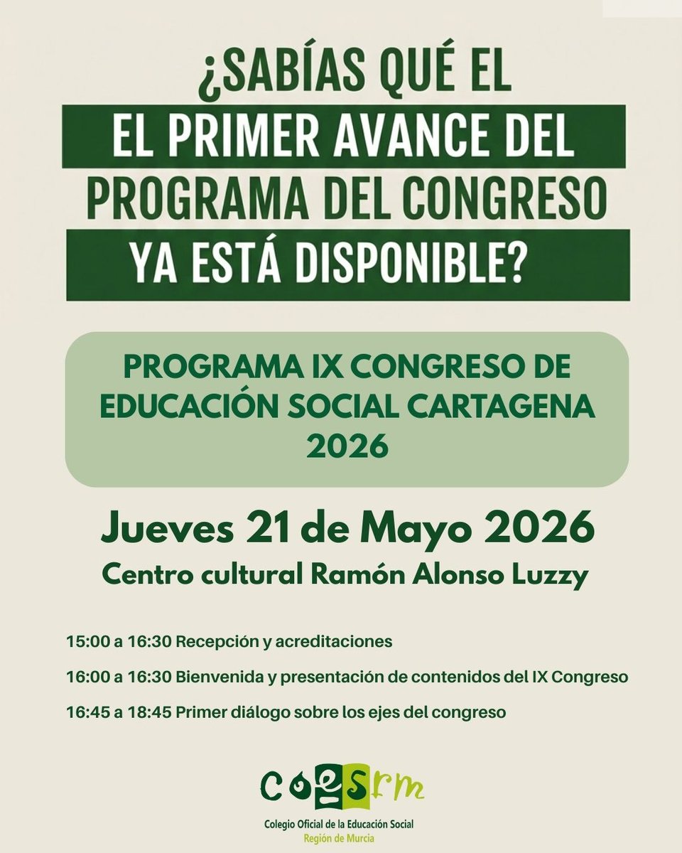 Nos alegra anunciar que ya podéis consultar el primer avance de contenidos para nuestra cita en Cartagena 2026.

📅 ¿Cuándo? Mayo de 2026 📍 ¿Dónde? Cartagena (Murcia)

👇 Consulta el programa completo aquí: cpesrm.org/formacion/cpes…

#EducaciónSocial #IXCongreso #Cartagena2026