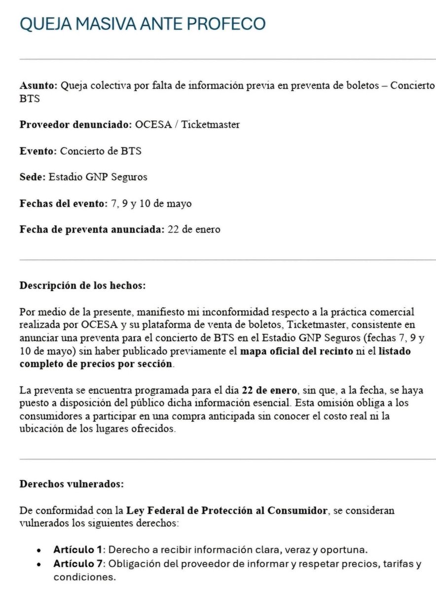 betza1507's tweet photo. La Ley Federal de Protección al consumidor y la PROFECO garantiza el derecho a información veraz y clara sobre precios y prohíbe prácticas abusivas o engañosas(Art. 7, 7 Bis, 10 y 32)
@ocesa_kpop @Ticketmaster_Me
#OcesaArmyQuierePreciosyMapa 
#ARMYQuiereClaridad https://t.co/OMYMMHocJ7