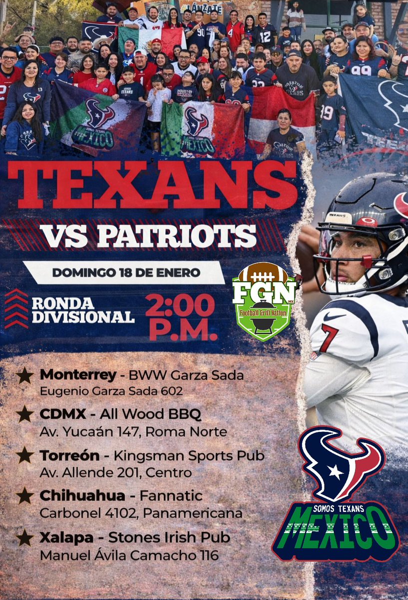 🏈🔥 Ronda Divisional🔥🏈

📍Monterrey- BWW Garza Sada 
📍CDMX-All Wood BBQ
📍Torreón- Kingsman Sports Pub 
📍Chihuahua- Fannatic 
📍Xalapa- Stones Irish Pub 

#SomosTexans #EsAhora