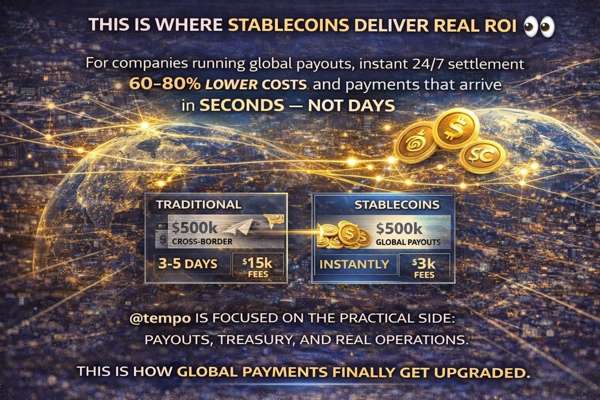 This is where stablecoins deliver real ROI 👀

For companies running global payouts, instant 24/7 settlement means 60–80% lower costs and payments that arrive in seconds — not days.

<a href="/tempo/">Tempo</a> is focused on the practical side: payouts, treasury, and real operations.

This is how