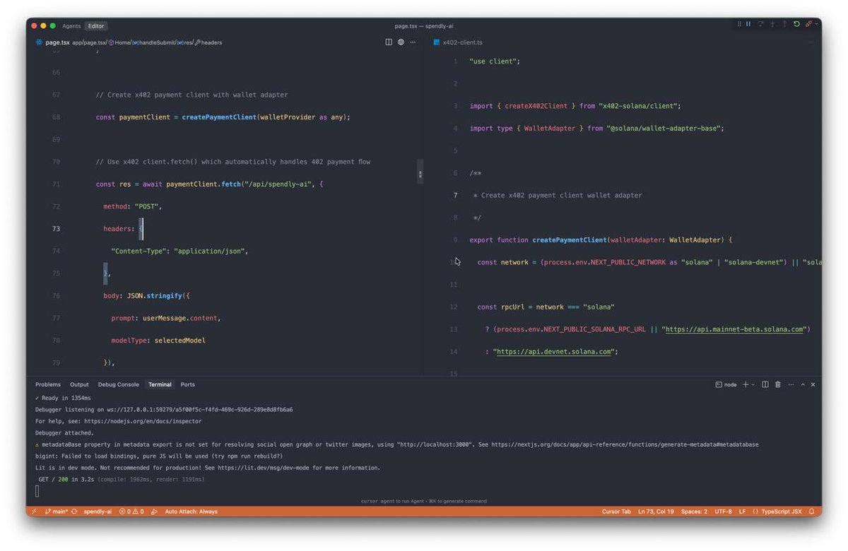 gam_rashid's tweet image. Integrating x402 on the client side.

The idea is simple: each agent interaction is a paid action, so instead of calling the AI endpoint with a plain fetch, the app now uses an x402 client + wallet adapter.

This makes the payment primitive native to the interaction layer.…