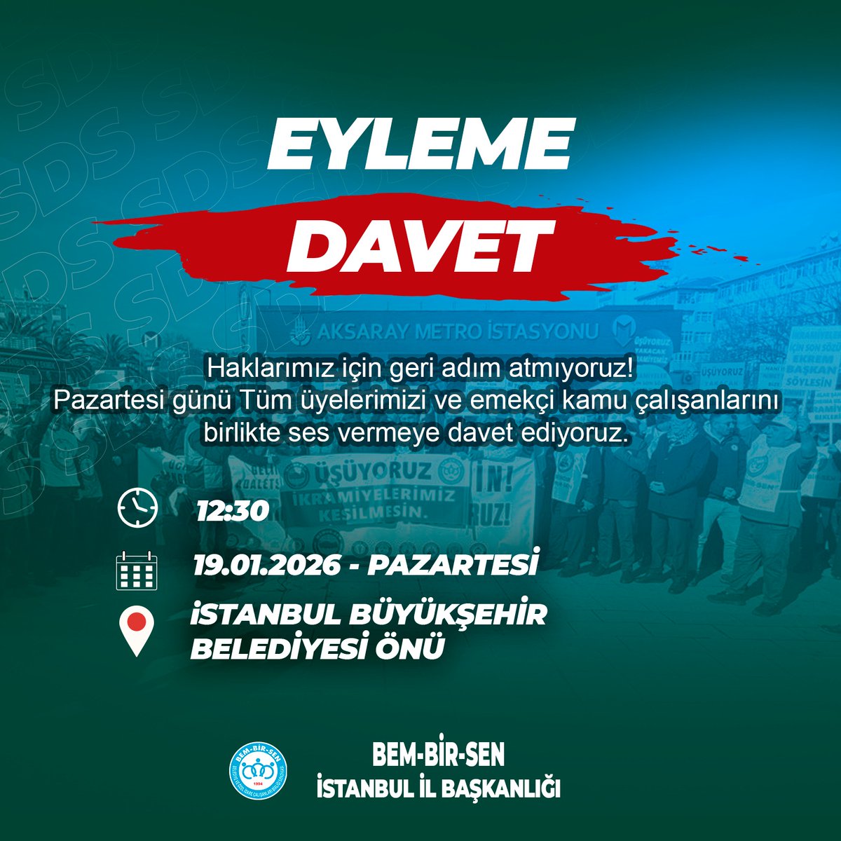 Haklarımız için geri adım atmıyoruz!
Pazartesi günü eylemimize devam ediyoruz.

📍 Yer: Saraçhane
🕛 Saat: 12.15

Tüm üyelerimizi ve emekçi kamu çalışanlarını birlikte ses vermeye davet ediyoruz.