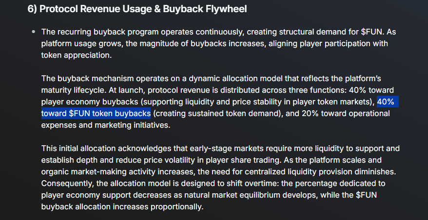 scalpsxbt's tweet photo. Writeup on the new $FUN TGE (@sportfun), and why it's undervalued here at 6M circ mcap:

It's a skill based sports prediction platform; $FUN is the ecosystem token for https://t.co/xX0UtB4tWX meant to connect all current and future sports titles and act as the shared currency for the platform

Live on Base for ~4 months:
$10M+ revenue.
$30M+ deposits.
$105M+ total volume.
20K+ paying users.
60% user retention.

Mentioned an active flywheel in their docs: At launch, 40% of revenue is distributed towards $FUN token buybacks.
https://t.co/FDRAvOWqPa

Received Coinbase Ventures investment after they were #1 consumer app on Base in Q3.
(Also raised $2M by 6th Man Ventures and others + raised $3M in the public sale).

20% circ supply, but around half of that is treasury. So effectively only ~10% of total supply is circulating (5% of that is an airdrop + 3.5% public sale).

Price getting some pressure here due to airdrop being distributed within the first hour after TGE, but RR looks good at this level (6M circ mcap without including the treasury), considering the ICO price was at 60M FDV and they raised $5M in total by VCs/ICOs + another undisclosed investment by Coinbase Ventures.

Once they formally announce buybacks with 40% of their revenue, should be a nice catalyst to look forward to + expect Base to strongly push their #1 consumer app, especially with the team shifting to trading again instead of pushing creators.