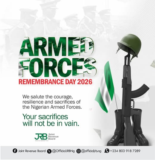 We salute the courage, resilience and sacrifices made by our Armed Forces.
Happy Armed Forces Remembrance Day to all our gallant men and women.
#JRB

<a href="/HQNigerianArmy/">Nigerian Army</a> <a href="/NigerianNavy/">Nigerian Navy</a> @NigerianAirForce <a href="/Nigeriapolicef3/">Nigeriapoliceforce🇳🇬</a> <a href="/NigeriapolicePR/">NigeriapolicePRO</a>