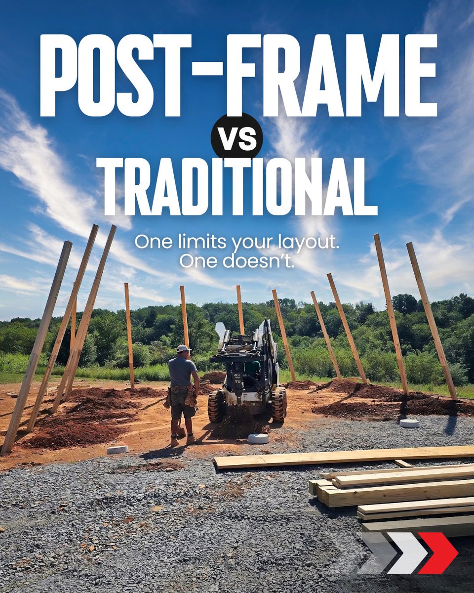 Keystonebuildin's tweet photo. POV: You’re building a garage.

Would you rather have walls… or wide-open space?

Post-frame builds use columns instead of load-bearing walls, which means bigger spans, taller doors, and more usable space. That’s the difference. https://t.co/1Wq7vZLdtD