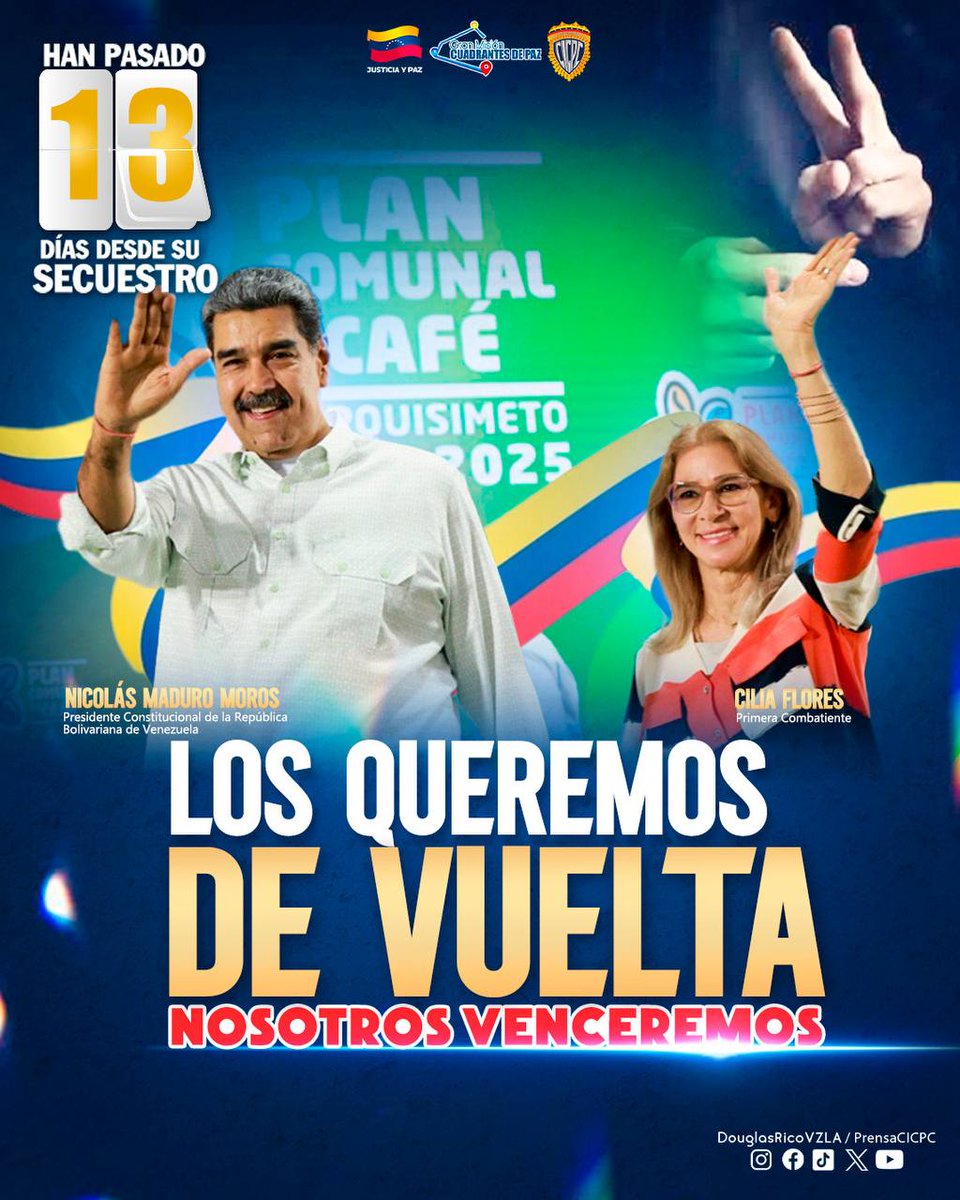 Hoy alzamos nuestra voz en solidaridad a nuestro presidente constitucional, Nicolás Maduro Moros y la primera combatiente, Cilia Flores, exigimos su liberación inmediata y el respeto absoluto a su integridad. Un pueblo unido no olvida a sus hijos.