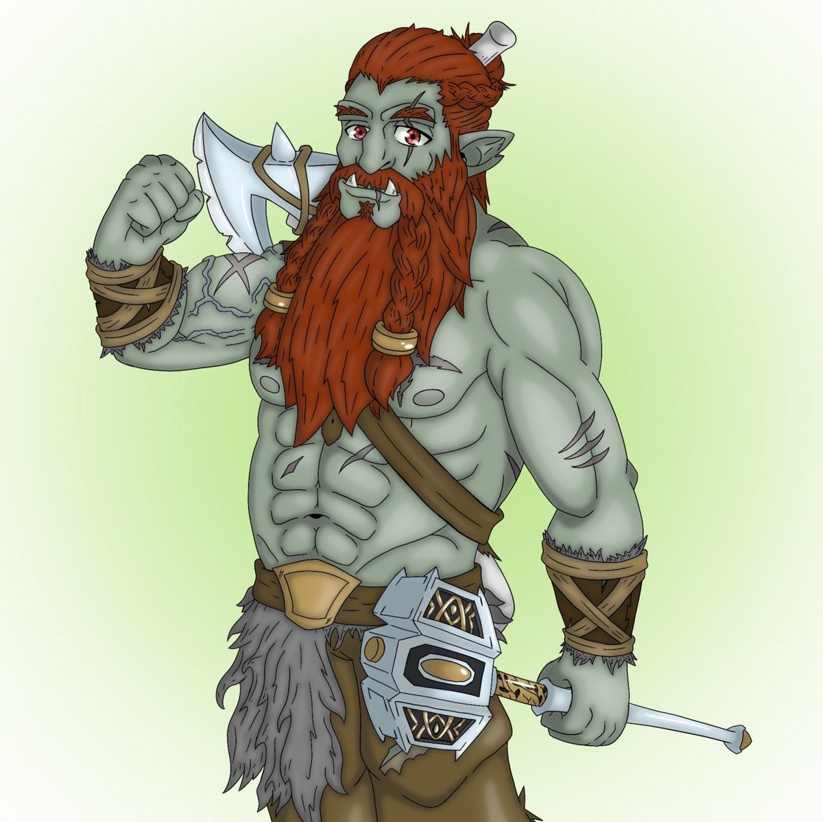 The menacing Orc named Brol-Guh, played by <a href="/GummiDraco/">GummiDraco💧🐲 | Draconic Slime Vtuber |</a> is a muscled Barbarian with some Cleric sprinkled on it. His journey began long ago with the love of his dwarven parents and a homemade sandwich. His title, The Smasher, both compliments his strength and warns his opponents.