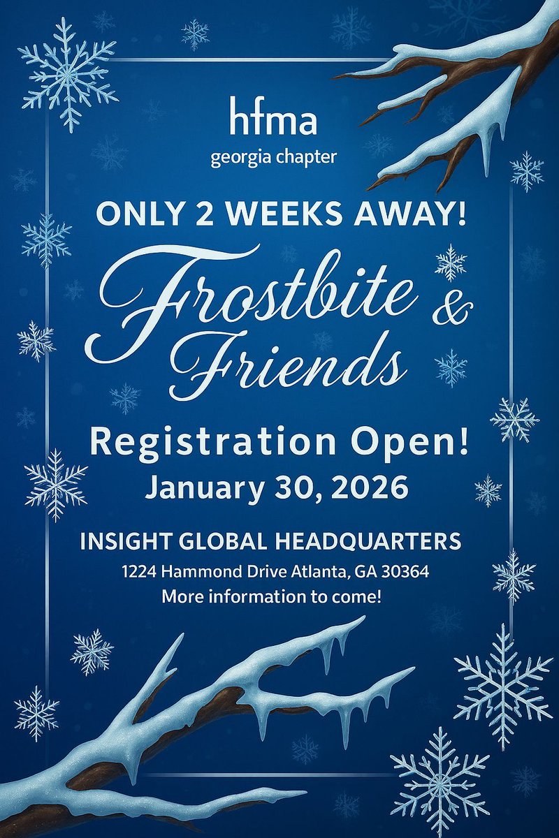 ❄️ Just 2 weeks away! ❄️ Warm up your winter with Georgia Chapter HFMA’s Frostbite &amp; Friends!

Don’t miss the chance to celebrate the season and strengthen professional relationships—register today! web.cvent.com/event/0f6de332…