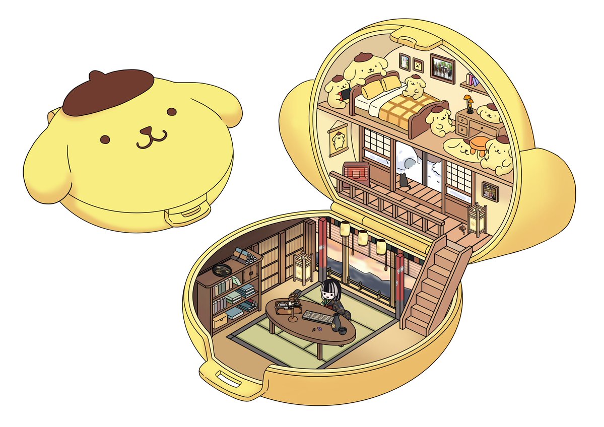 limit_int's tweet image. 「SVF 2026」出演決定おめでとう！🥳
お知らせを聞く前に、ポムポムプリン×らでんのコラボグッズとして出たらいいなと思いながら絵を描いていました。
こんな偶然があるなんて…！

らでんちゃんの配信背景×ポムポムプリンのお部屋を Polly Pocket 風に、ReGLOSS 要素も少し入れています！
#らでん似絵