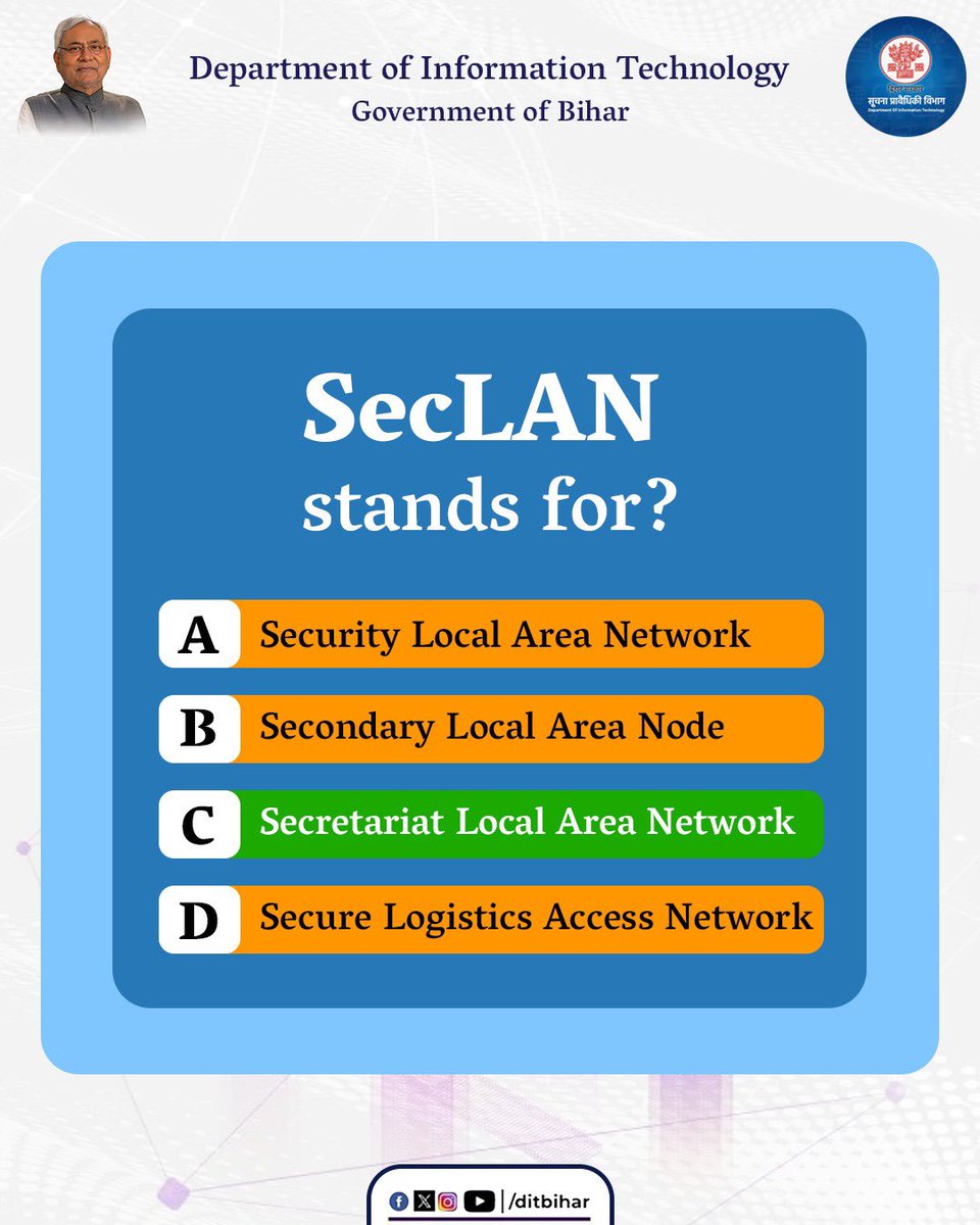 DitBihar's tweet photo. The wait is over! 

If you picked Option C, you are absolutely correct.
SecLAN = Secretariat Local Area Network

Congratulations to everyone who got it right. Stay tuned for more tech-facts about our state.

#BiharGovernment #DITBihar #SecLAN #Connectivity #Quiz https://t.co/21oeTzWxPk