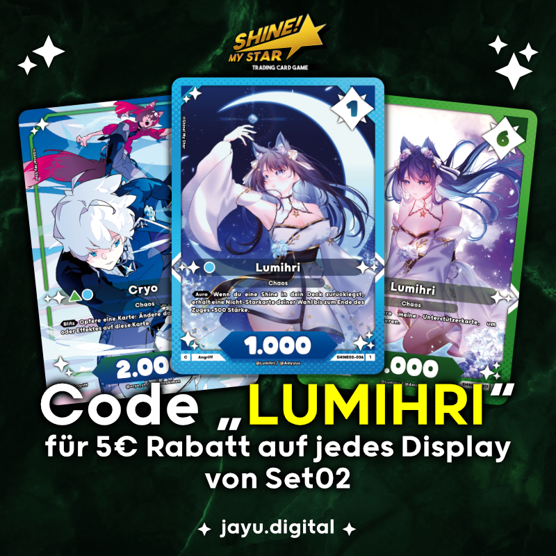 Ich habe wieder die Ehre bei <a href="/ShineMyStarTCG/">Shine! My Star | Set02 7.2.2026</a> mitmachen zu dürfen! Sogar mit 2 Karten diesmal 💙
Vorbestellung für Set 2 geht am 07.02 20 Uhr los. 

Ich würde gerne als dank jeden der meinen Code nutzt die Chance geben einen Shine! Binder zu gewinnen. 
⬇️ Mehr Infos in Kommi