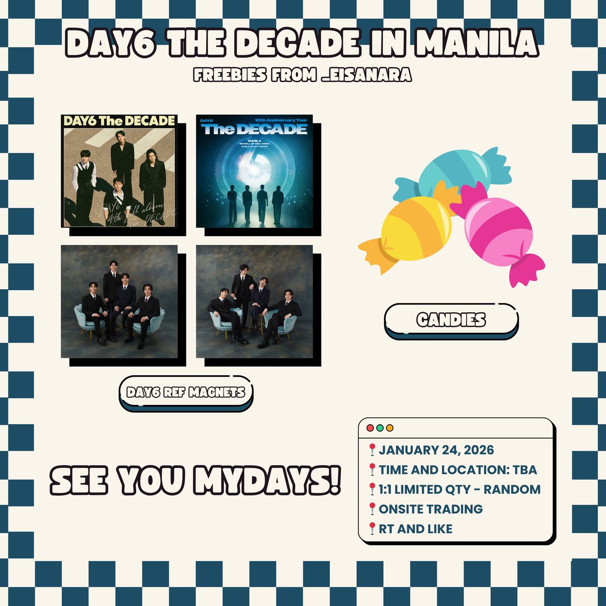 _eisanara's tweet image. Day6 The Decade in Manila freebies 🍀

🍀 Time and Location: TBA (will update in this thread)
🍀 Strictly 1:1 &amp;amp; Random only
🍀 Limited Qty
🍀 Follow and RT is much appreciated 

#The_DECADE_MANILA
#TheDECADEinManila
#DAY6inManila