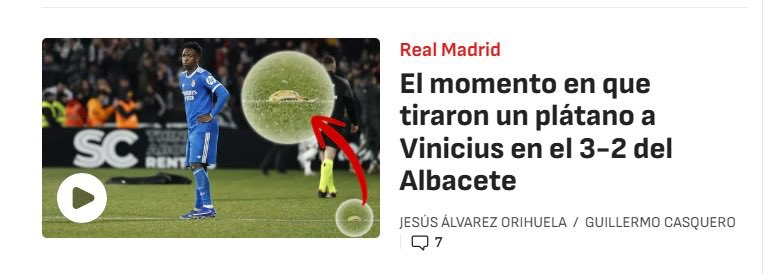 En #Albacete tirando plátanos a #Vinicius simbolizando la comida del mono, jamás habían ido allí, ni jamás había jugado en su estadio… luego decimos que en #España no hay #racismo y que #Vinicius es un negro malo que a los negros buenos no se les dice nada #vergüenza