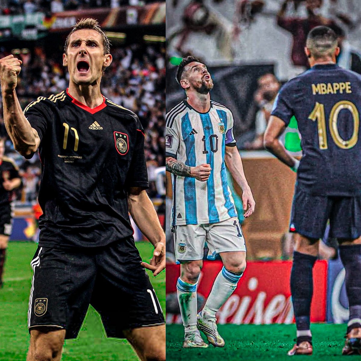 AtaqueFutbolero's tweet photo. 🏆‼️ A Miroslav Klose le preguntaron por su vigente récord de goles en toda la historia de los Mundiales y esto dijo:

🗣️ “Estoy seguro que mi récord será batido pronto: lo conseguirá MESSI ahora o MBAPPÉ en 2030”.

Así está el Top 7 hoy:

1) 🇩🇪 Miroslav Klose - 16 GOLES.
2) 🇧🇷 Ronaldo Nazário - 15.
3) 🇩🇪 Gerd Müller - 14.
4) 🇫🇷 Just Fontaine - 13.
5) 🇦🇷 Lionel Messi - 13.
6) 🇫🇷 Kylian Mbappé - 12.
7) 🇧🇷 Pelé - 12. 

¿Opiniones? ⁉️

Vía @SPORTBILD.