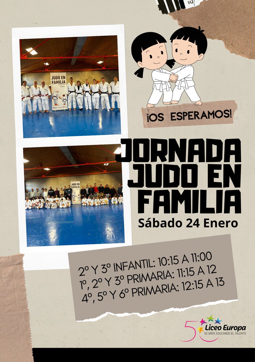 El próximo sábado 24 de Enero, tendrá lugar en el Colegio la II Jornada "Judo en Familia" para las etapas de infantil y primaria, en la que invitamos a las familias a disfrutar de una clase de judo junto a sus hij@s.   Pasaremos una mañana muy divertida. ¡Les esperamos!