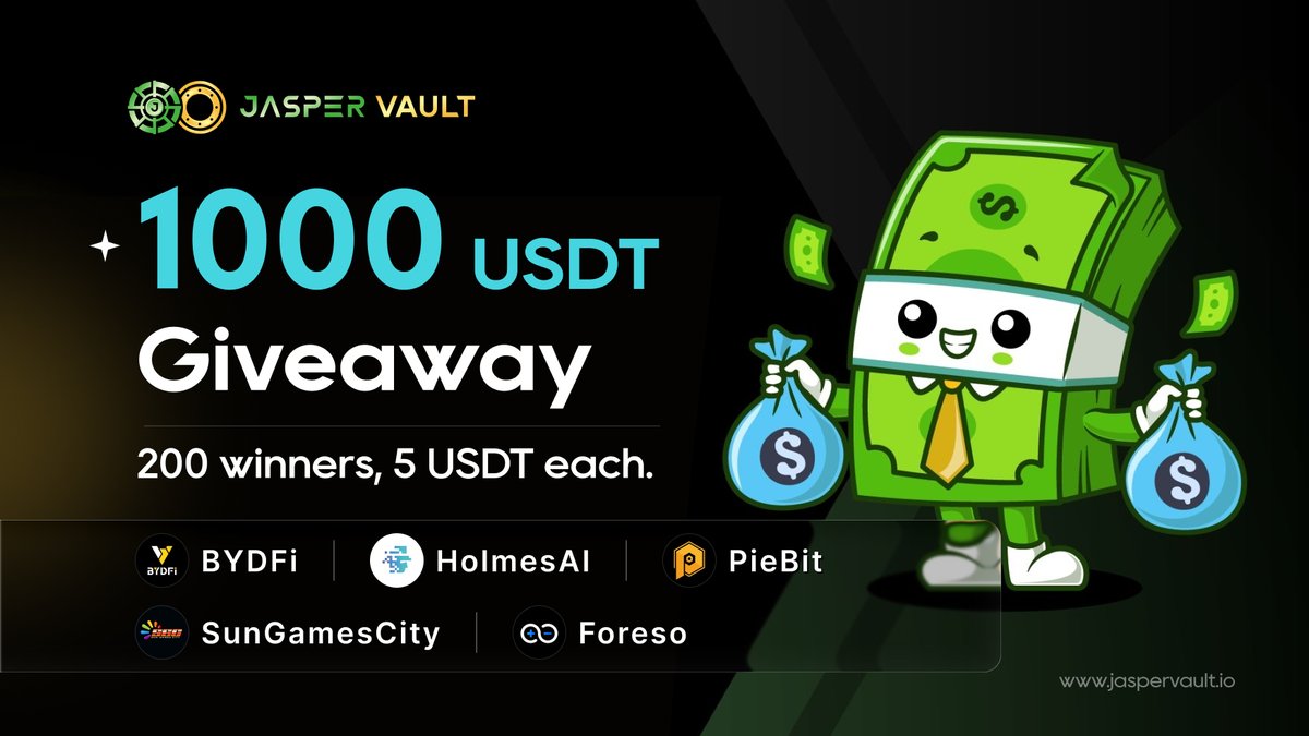 jaspervault's tweet image. Jasper Vault is kicking off the New Year with a 1000U celebration! 🧧

We’re selecting 200 lucky winners to each receive 5 USDT and spark some joy. ✨

Join the celebration! Here’s how to enter 👇

1️⃣ Follow @BYDFi @HolmesAI_ @SunGamesCity_EN @Piebitexchange @Foresoglobal…
