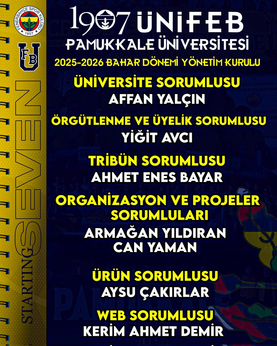 1907 ÜNİFEB Pamukkale Üniversitesi örgütlenmesi olarak  2025/2026 bahar Dönemi yönetim kurulumuz, yapılan toplantılar sonucu belirlenmiştir.