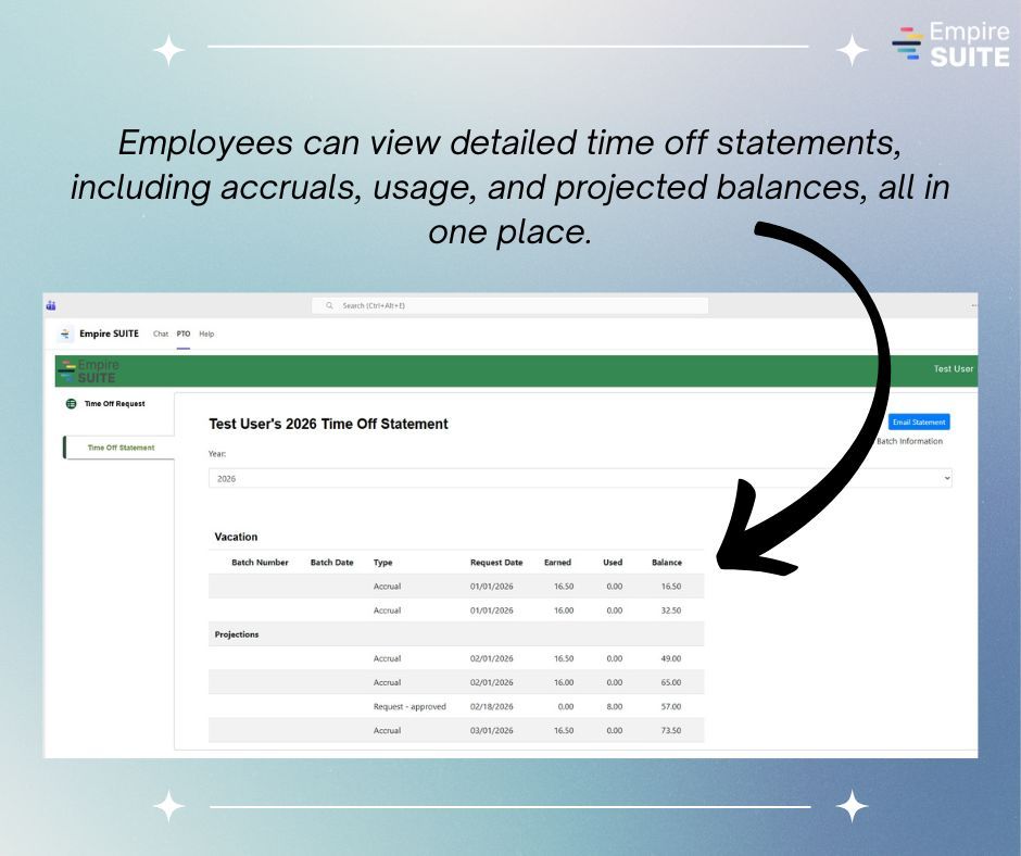 EmpireSUITE's tweet photo. Request time off directly in Microsoft Teams.
Just send a message, and Empire SUITE handles approvals and balance updates automatically.

See it in action → https://t.co/GzUUPsdBcN

#MicrosoftTeams #TimeOffManagement #EmpireSUITE https://t.co/G9pYoHLyVG