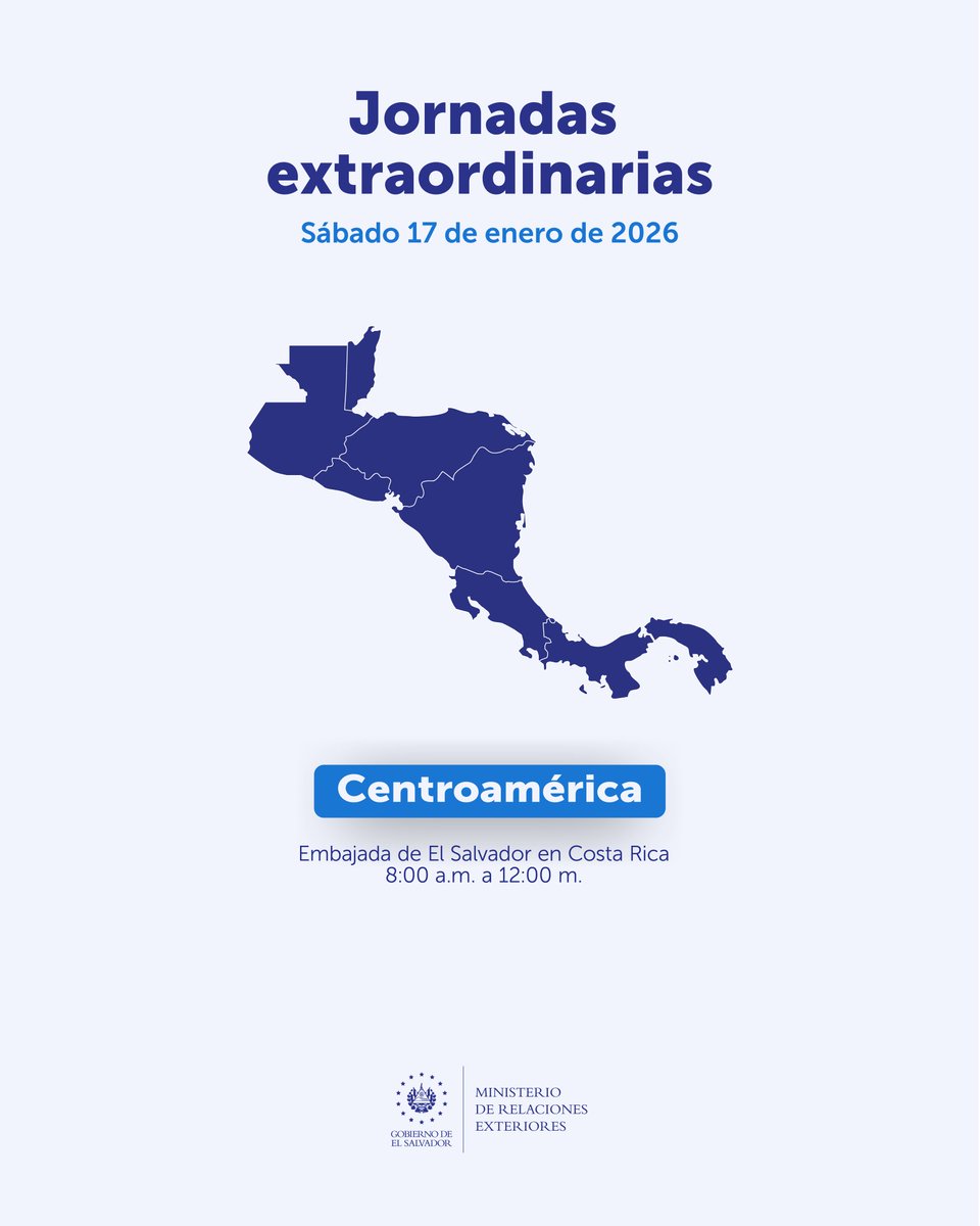 Realiza tus trámites consulares en Costa Rica este sábado 17 de enero. 🇸🇻😎

Para más información sobre los requisitos de cada proceso escribe al WhatsApp:
☎️ (503) 7070-1071