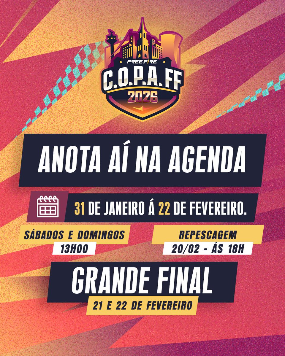 FFesportsBR's tweet photo. AGORA É OFICIAL 😎

A C.O.P.A FF já tem data marcada e abre a temporada valendo título. Quem leva o primeiro troféu de 2026??

🗓️ 31 de janeiro a 22 de fevereiro
⏰ Sábados e domingos, a partir das 13h
📲 Transmissão ao vivo em nossos canais oficiais!

#COPAFF #FreeFire https://t.co/D1HedGtSSe