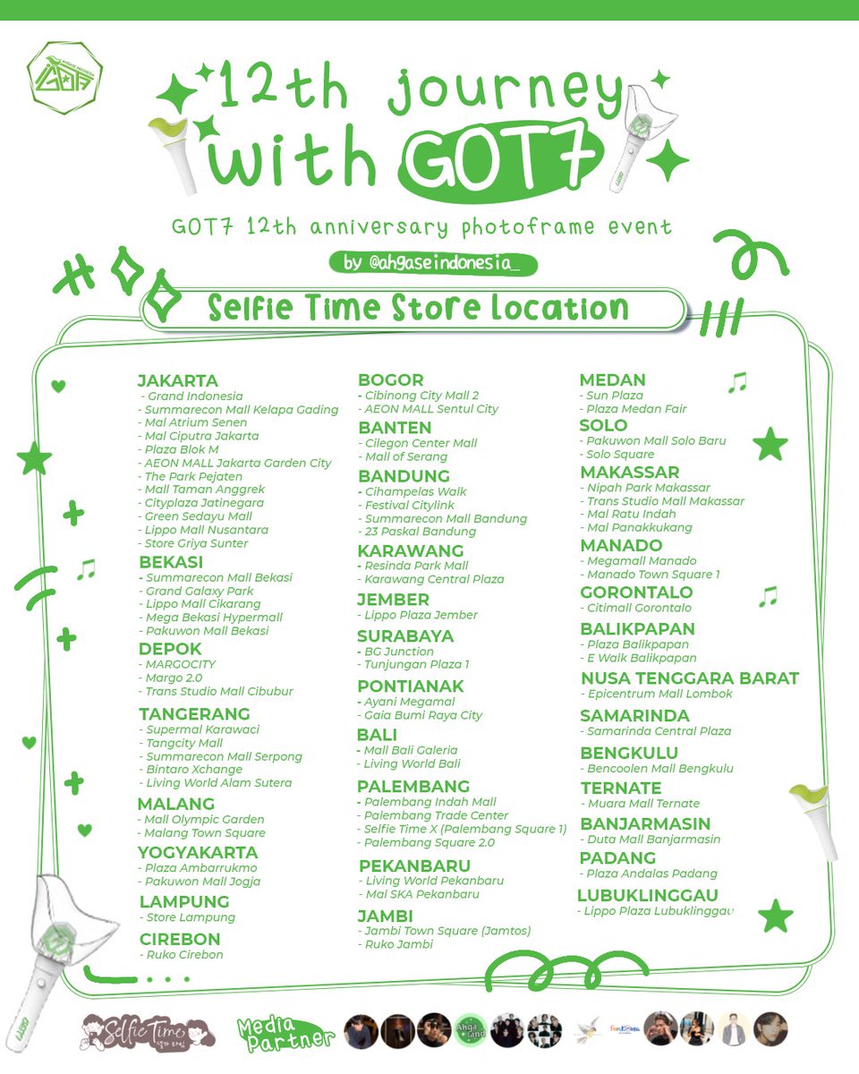 🐥 12th Journey With GOT7 🐥
GOT7 Indonesia Photoframe Event
by <a href="/ahgaseindo_/">ahgaseindonesia_</a>

🗓️ 15 – 28 Januari 2026
📍 <a href="/selfietimeid/">Selfie Time ID</a> (Outlet location on poster)

Share your moment with hashtag 💚
 #12thJourneyWithGOT7 #StillWalkingWithGOT7 #GOT7 #12YearsAndStillWithGOT7 #12년이지나도_갓세븐