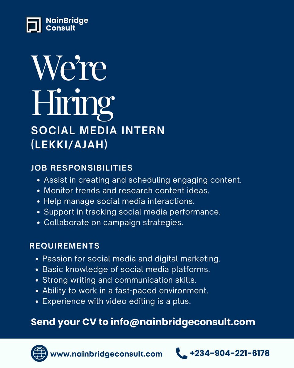 Hiring: Social Media Intern 

If you’re creative, social-media savvy, and eager to learn, this is a great opportunity to build hands-on experience.

Work Mode: Hybrid

Apply using the details provided.

#NainBridgeConsult #HiringNow #SocialMediaIntern #Intern
