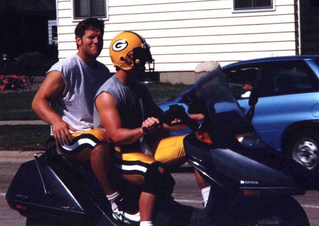 Jim McMahon and Brett Favre riding a moped to practice, awesome photo lol <a href="/ebosays/">ebo</a> <a href="/theausharper/">Austin</a>