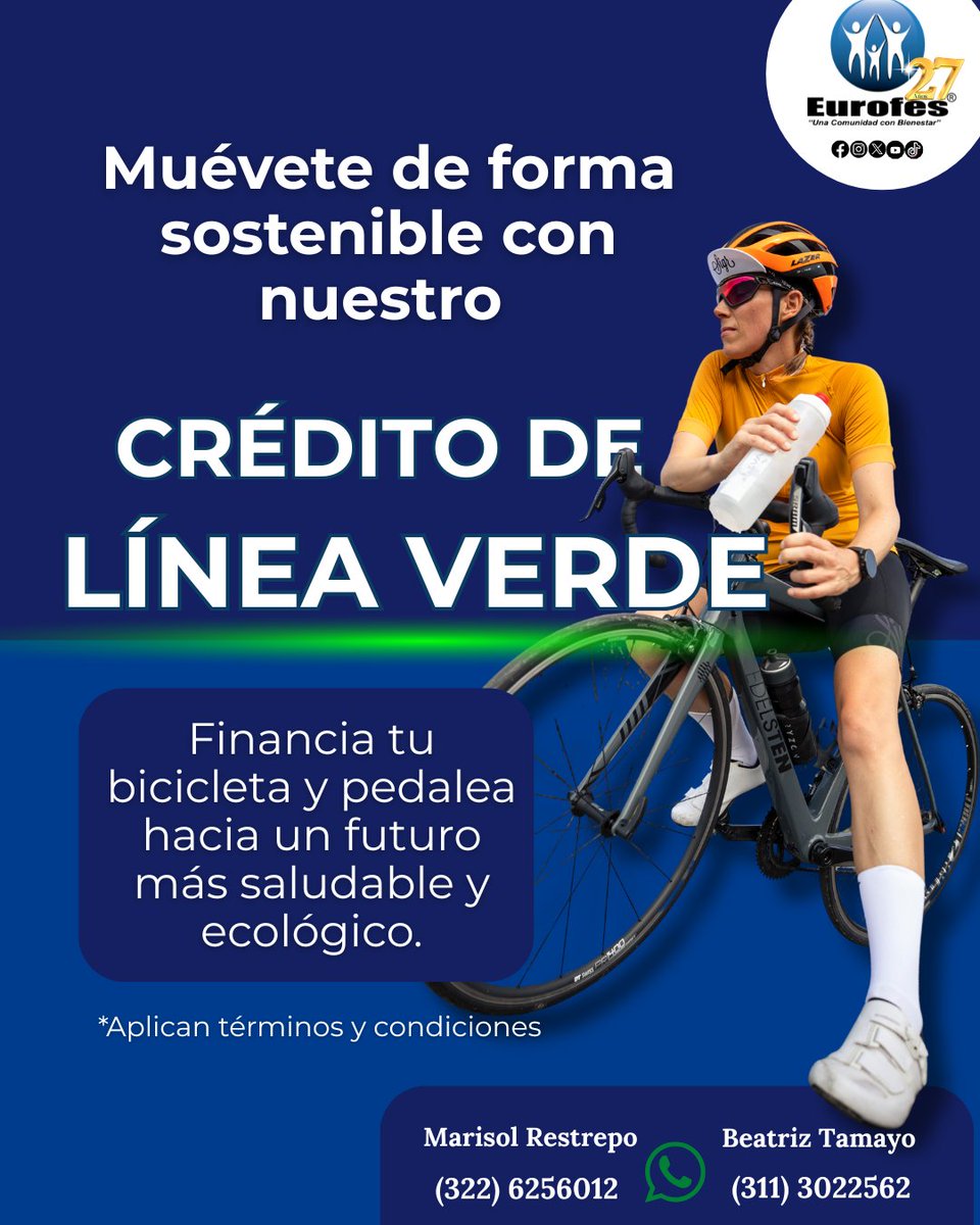 🚴‍♀️🌱 Muévete de forma sostenible con nuestro Crédito Línea Verde 🌱🚴‍♂️
Financia tu bicicleta y pedalea hacia un futuro más saludable y ecológico 💚♻️
Haz realidad la bici que siempre has querido, sin afectar tu bolsillo 💳

#EUROFES #MovilidadSostenible #Bicicleta #CuidaElPlaneta