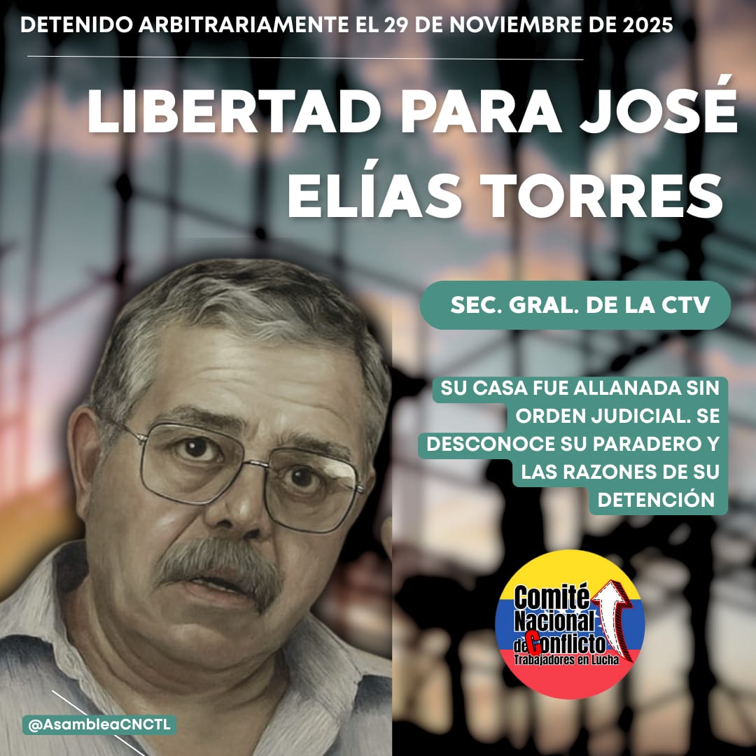 El gobierno convoca “diálogo social” para debatir un salario mínimo inexistente, pero mantiene preso al sec. gral (e) de la <a href="/ctv_ddhh/">CTV.DDHH</a>, Elías Torres.
❌ No hay diálogo sin libertad sindical.
❌ No hay justicia social con dirigentes sindicales presos #LibertadParaEliasTorres