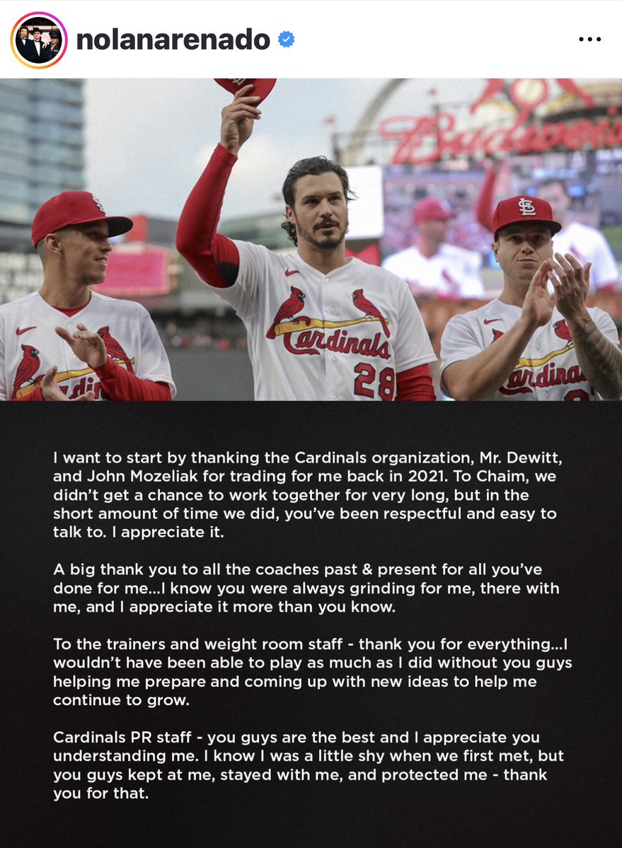 JohnDenton555's tweet image. Former #STLCards third baseman Nolan Arenado — now a member of the #Dbacks following Tuesday’s trade — with a heartfelt post on IG earlier today.